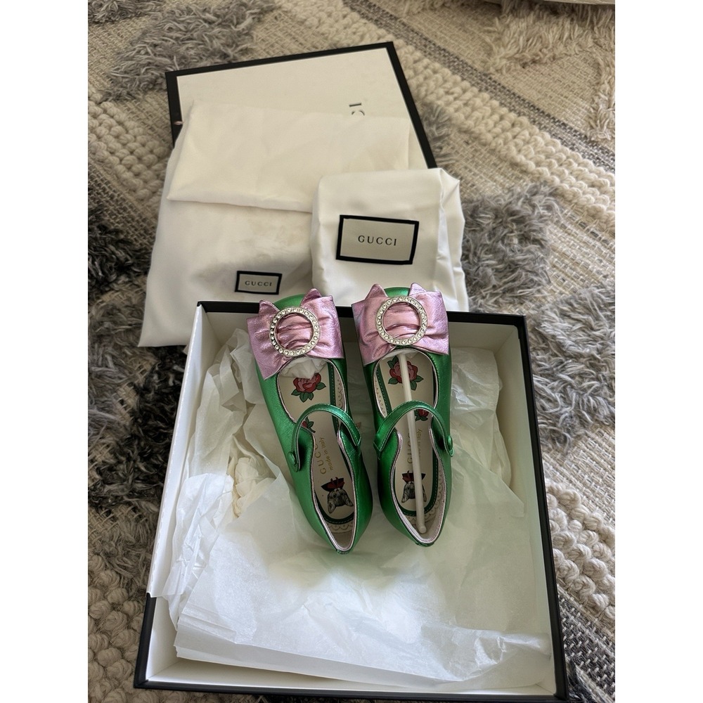 Gucci Kids Metallic Green Pink Crystal Bow Mary Jane Shoes EU 26 US 9.5 Box